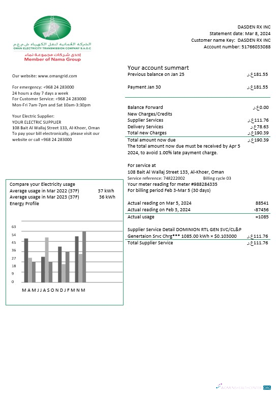 Oman Electricity Transmission Company electricity business utility bill template in Word and PDF formats